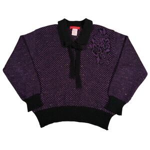 Vintage Halston III Italy Purple Black Floral Bow Sweater 80s Medium Wool Blend